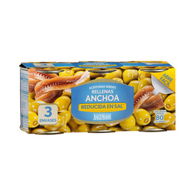 Aceitunas manzanilla rellenas de anchoa Hacendado reducidas en sal 3 botes x 50g