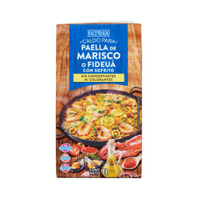 Brühe für Meeresfrüchte-Paella oder Fideuá Hacendado mit Sofrito