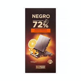 Chocolate extrafino negro Hacendado con trozos de naranja 72% de cacao