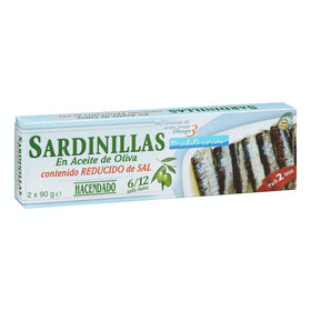 Sardine ridotte in sale Hacendado in olio d'oliva 6-12 unità.