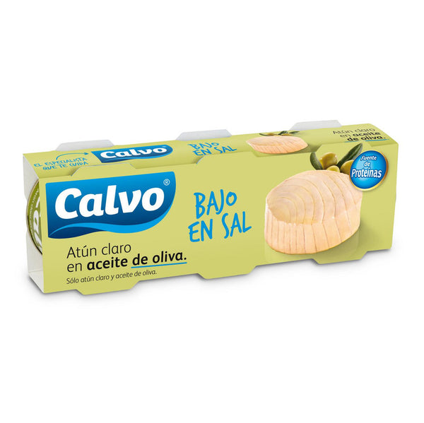 Atún claro en aceite de oliva bajo en sal Calvo pack de 3 latas de 80g