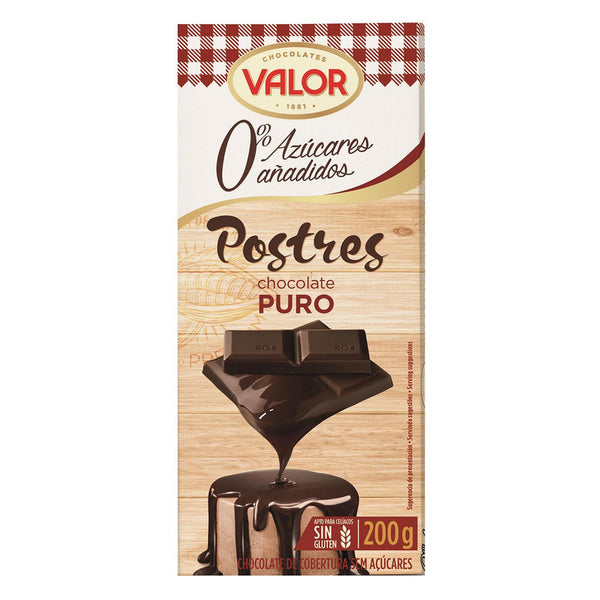 Chocolate puro para postres sin azúcar añadido Valor sin gluten